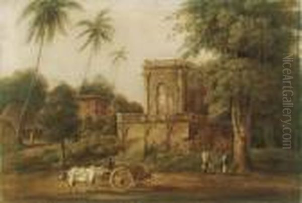 An Oxen Cart Below A Mausoleum Oil Painting by George Chinnery