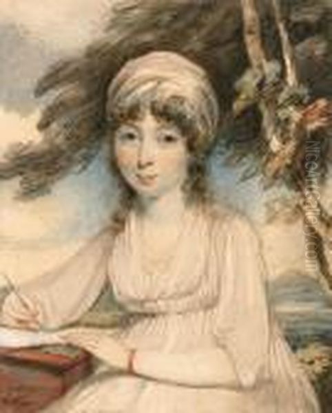 Portrait Of A Young Lady, 
Three-quarter-length In A White Turban,wearing A White Dress Holding A 
Pen In Her Right Hand, Seated In Awooded Landscape Oil Painting by George Chinnery