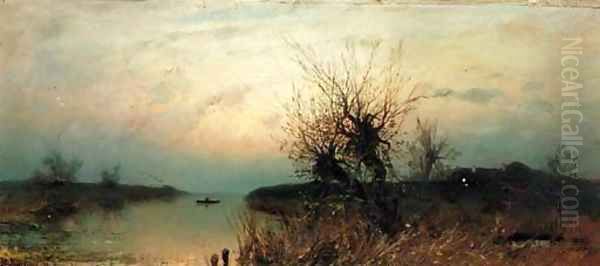 Lone Fisherman at Dusk Oil Painting by Iulii Iul'evich (Julius) Klever