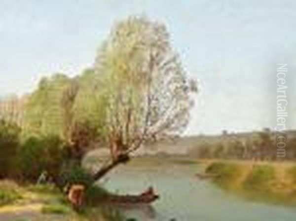 Pecheurs Au Bord De La Riviere Oil Painting by Antoine Chintreuil