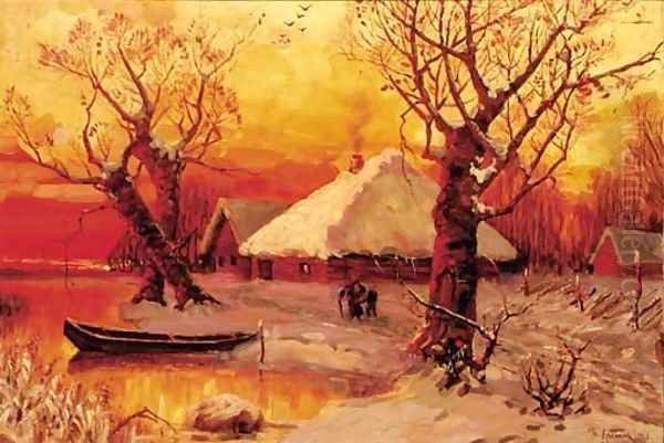 Winter - Lakeside Settlement at Sunset Oil Painting by Iulii Iul'evich (Julius) Klever