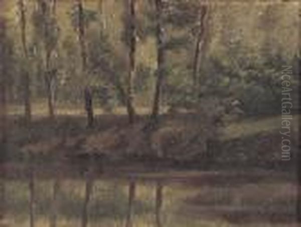 A Wooded River's Edge Oil Painting by Antoine Chintreuil