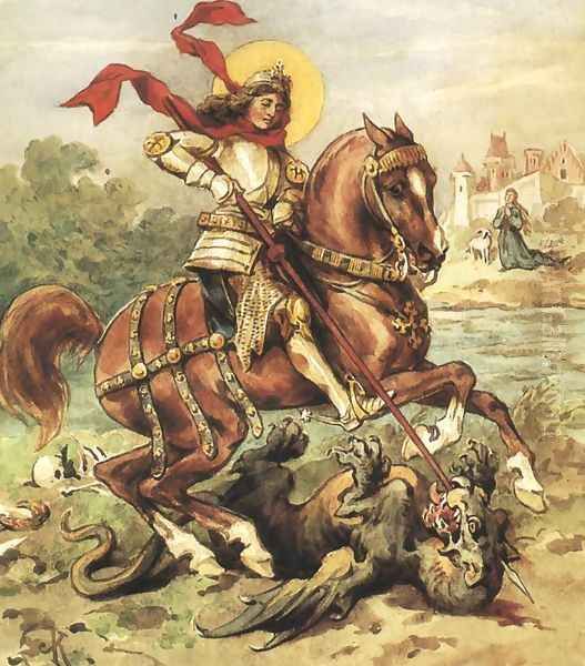 St. George Killing the Dragon Oil Painting by Juliusz Kossak