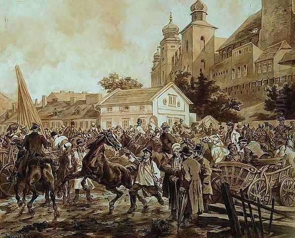 Horse Market near Wawel Royal Castle, Cracow Oil Painting by Juliusz Kossak