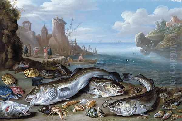 Harbour Scene with Fish 1660 Oil Painting by Jan van Kessel