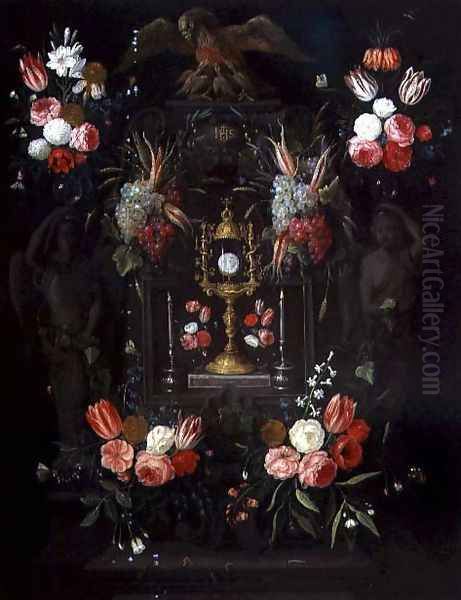 A Chalice with the Eucharist in a cartouche decorated with flowers and fruit Oil Painting by Jan van Kessel