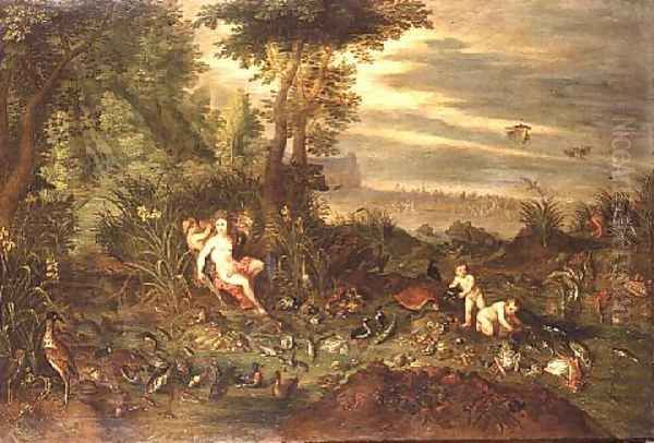 An Allegory of water a sea nymph by a reedy shore with Fish Shells and Birds nearby the Triumph of Amphitrite beyond Oil Painting by Jan van Kessel