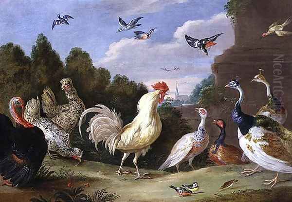 Wooded Landscape with a Cock Turkey Hens and other Birds Oil Painting by Jan van Kessel