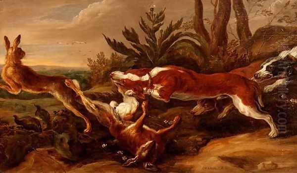 Hounds chasing hares in a landscape Oil Painting by Jan van Kessel