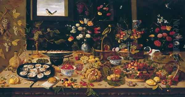 Table Covered with Vases of Flowers Baskets and Plates of Fruit and Small Animals Oil Painting by Jan van Kessel