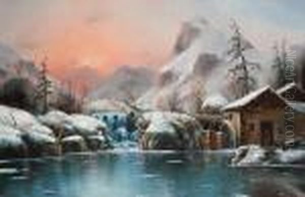 Winter Lake Views Oil Painting by Nils Hans Christiansen