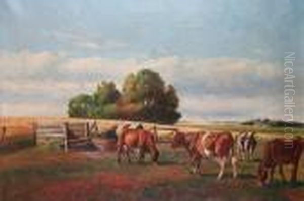 Cattle Grazing By A Corn Field Before Alandscape Oil Painting by Nils Hans Christiansen