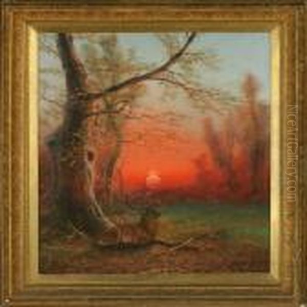 Deer Bysunset Oil Painting by Nils Hans Christiansen