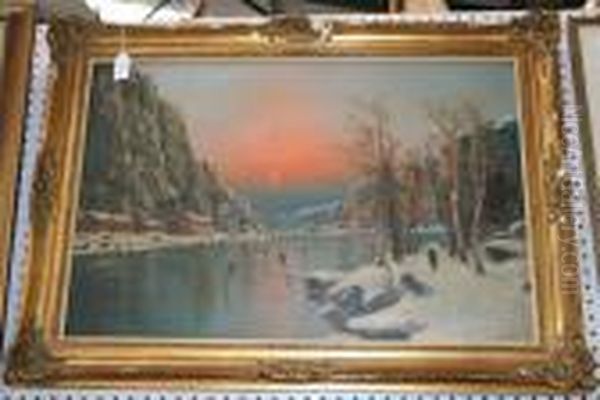 View Of A Fjord In Winter With Figures Skating Under A Setting Sun Oil Painting by Nils Hans Christiansen