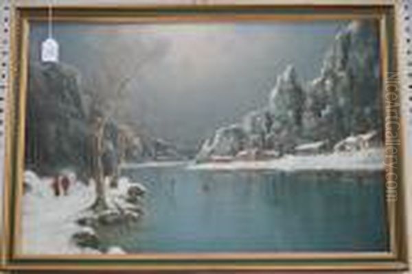 View Of A Fjord In Winter With Figures Skating Oil Painting by Nils Hans Christiansen