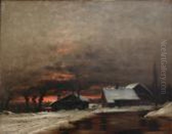 Snowy Landscape With Cottages Near A River At Dusk Oil Painting by Nils Hans Christiansen