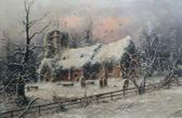 A Winter Church Scene Oil Painting by Nils Hans Christiansen