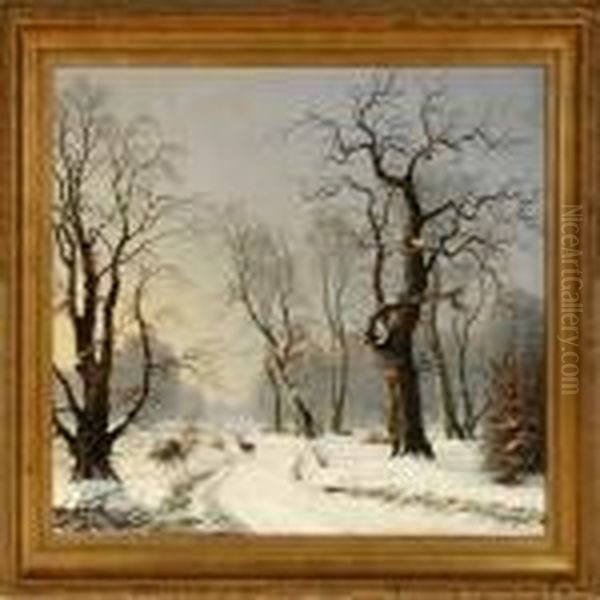 Winter Day In Dyrehavne Park, Denmark Oil Painting by Nils Hans Christiansen