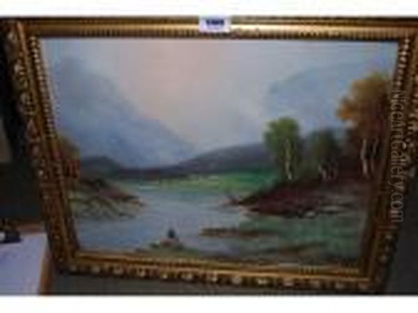 Sheep By A Mountain River And Figure By A River Oil Painting by Nils Hans Christiansen