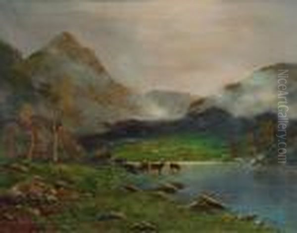 Extensive Highland Landscape With Cattle Watering Oil Painting by Nils Hans Christiansen