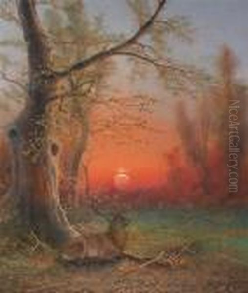 A Stag In A Wood At Sunset Oil Painting by Nils Hans Christiansen