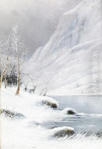 Stags In A Winter Lake Scene Oil Painting by Nils Hans Christiansen