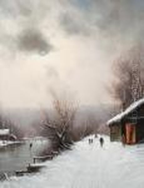 Rowers On A Summer Lake; Skaters On A Frozen Lake; A Pair Oil Painting by Nils Hans Christiansen