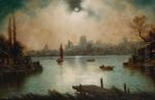 Moonlit River Scenes, A Pair Oil Painting by Nils Hans Christiansen