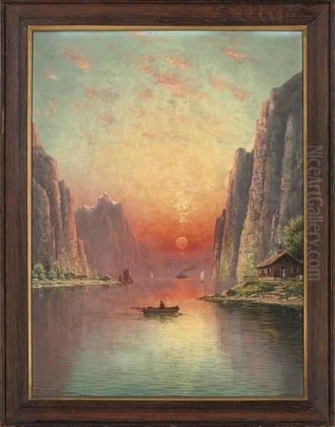 A Fjord At Sunset; And A Moonlit Fjord Oil Painting by Nils Hans Christiansen