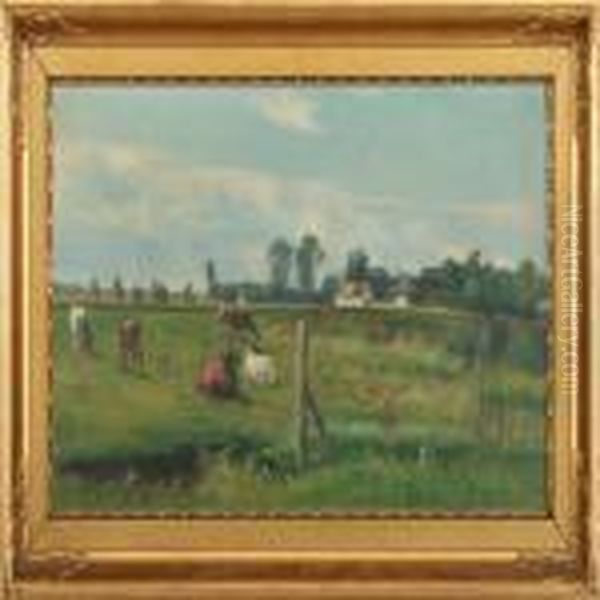 Summerlandscapewith Cows In The Field Oil Painting by Nils Hans Christiansen