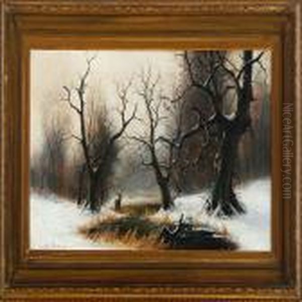 A Winter Forrest With Deer Oil Painting by Nils Hans Christiansen