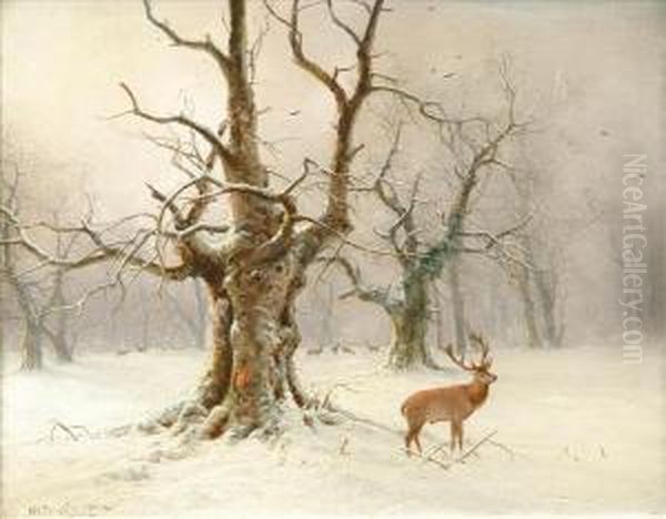 Stags In A Winter Landscape Oil Painting by Nils Hans Christiansen