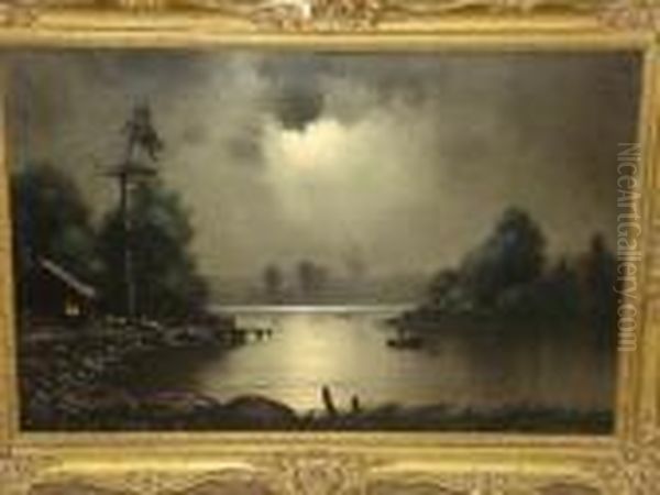 A Moonlit River Scene, Signed Oil Painting by Nils Hans Christiansen