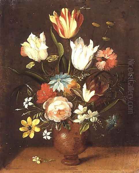 Tulips roses pinks and other flowers in a vase Oil Painting by Jan van Kessel