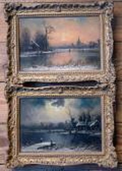 Winter Lake Scenes By Moonlight And At Sunset Oil Painting by Nils Hans Christiansen