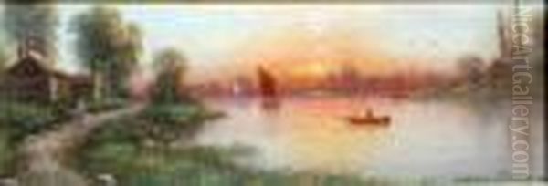 A River Scene At Sunset Oil Painting by Nils Hans Christiansen