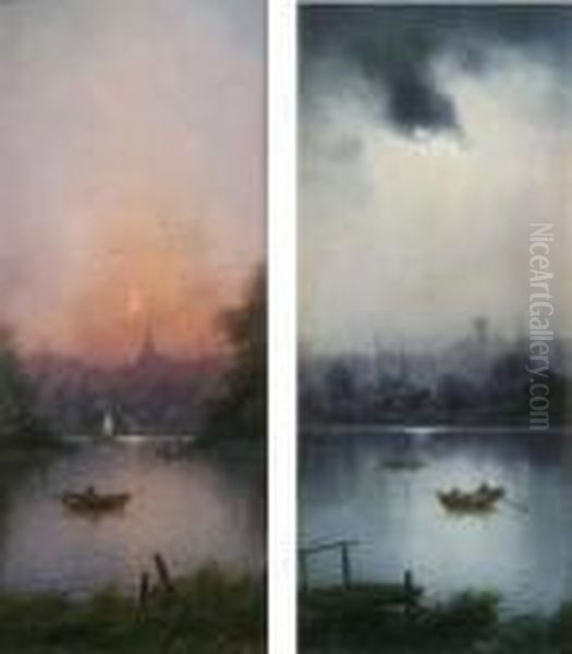 Boats On The River At Sunset And Under Moonlight Oil Painting by Nils Hans Christiansen