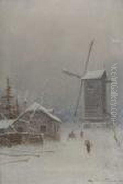 Windmill In Winter Oil Painting by Nils Hans Christiansen