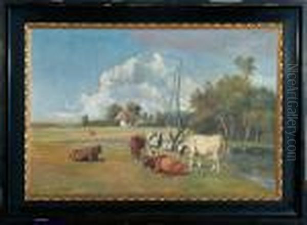 A Danish Summer Landscape With Grazing Cattle Oil Painting by Nils Hans Christiansen