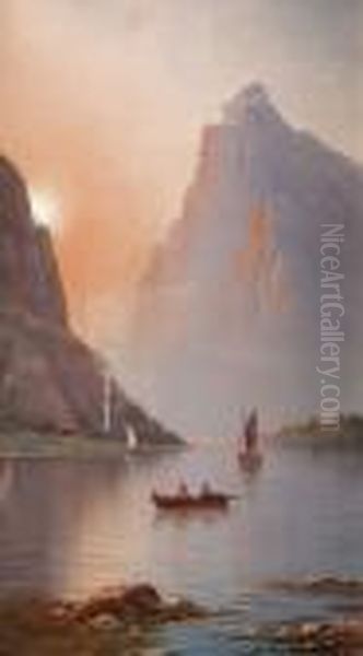 Mountainous Lake Scene With Fishing Boats Oil Painting by Nils Hans Christiansen