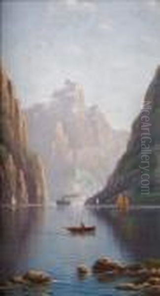 Mountainous Lake Scene With Boats Oil Painting by Nils Hans Christiansen