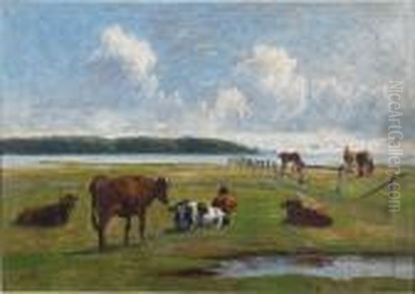 Cows And Horses In A Pasture Oil Painting by Nils Hans Christiansen