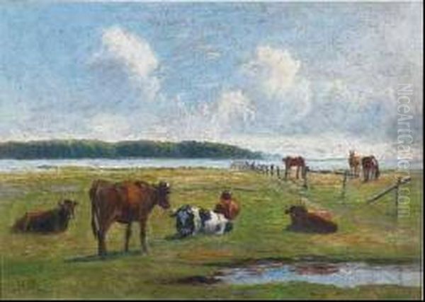 Cows And Horses In A Pasture Oil Painting by Nils Hans Christiansen