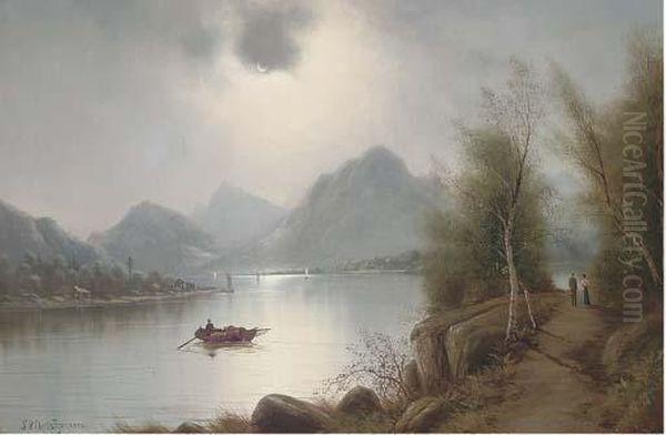 A Lake By Moonlight Oil Painting by Nils Hans Christiansen