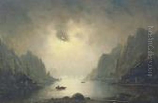 A Fjord By Moonlight Oil Painting by Nils Hans Christiansen