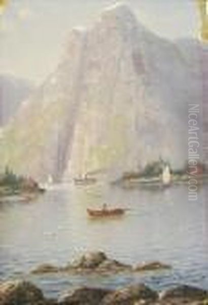 Man Rowingin A Norwegian Fjord Oil Painting by Nils Hans Christiansen