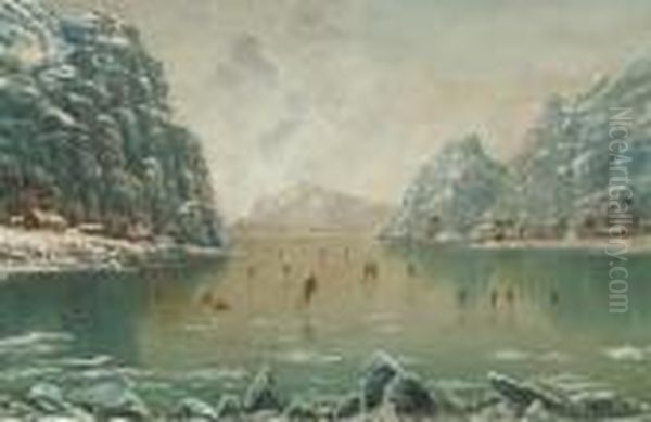 Figures Skating On A Frozen Fjord Oil Painting by Nils Hans Christiansen