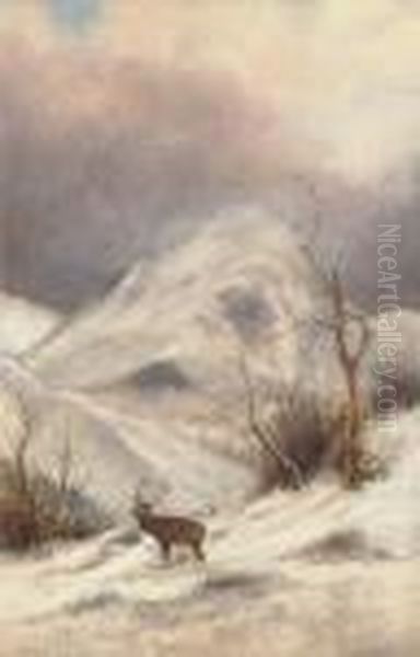 Deer In A Winter Landscape Oil Painting by Nils Hans Christiansen