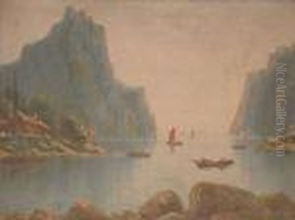 Fjordseascape With Boats And Dwellings Oil Painting by Nils Hans Christiansen