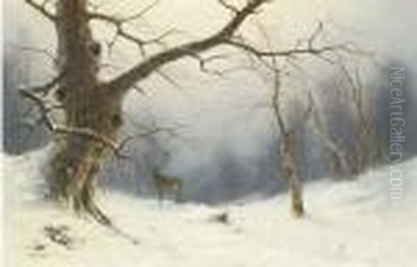 A Stag In A Winter Landscape Oil Painting by Nils Hans Christiansen